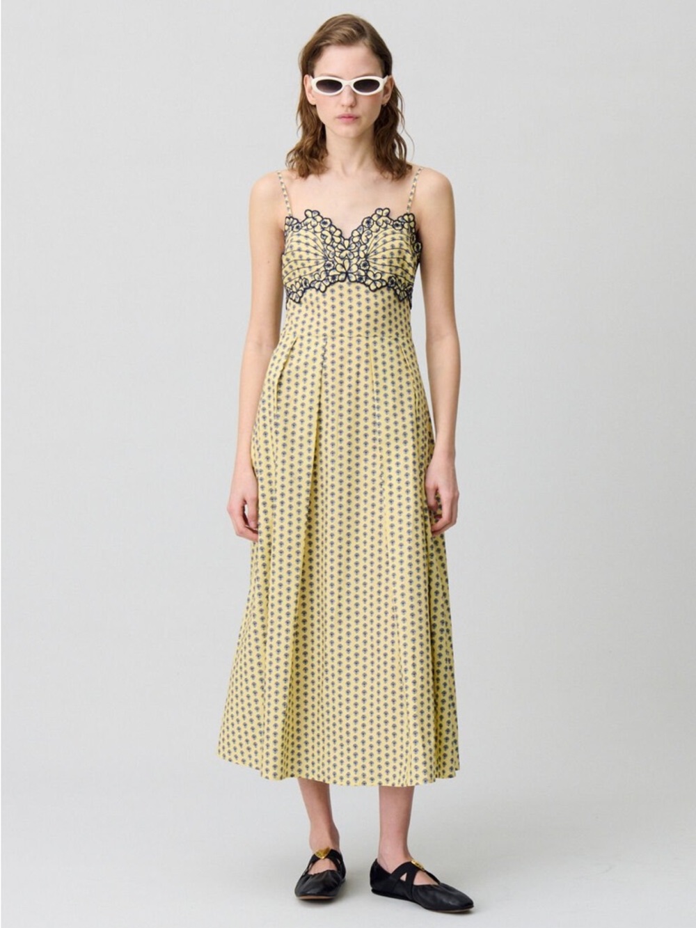 Yellow Printed Midi Dress with Black Lace Bodice